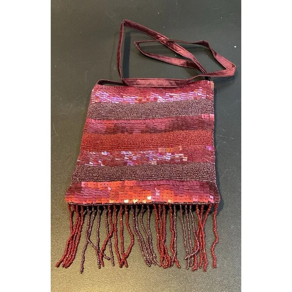 Crossbody Purse‎ Bag Fringe Beaded Sequins Burgundy Boho Cocktail Party Evening - Picture 1 of 8